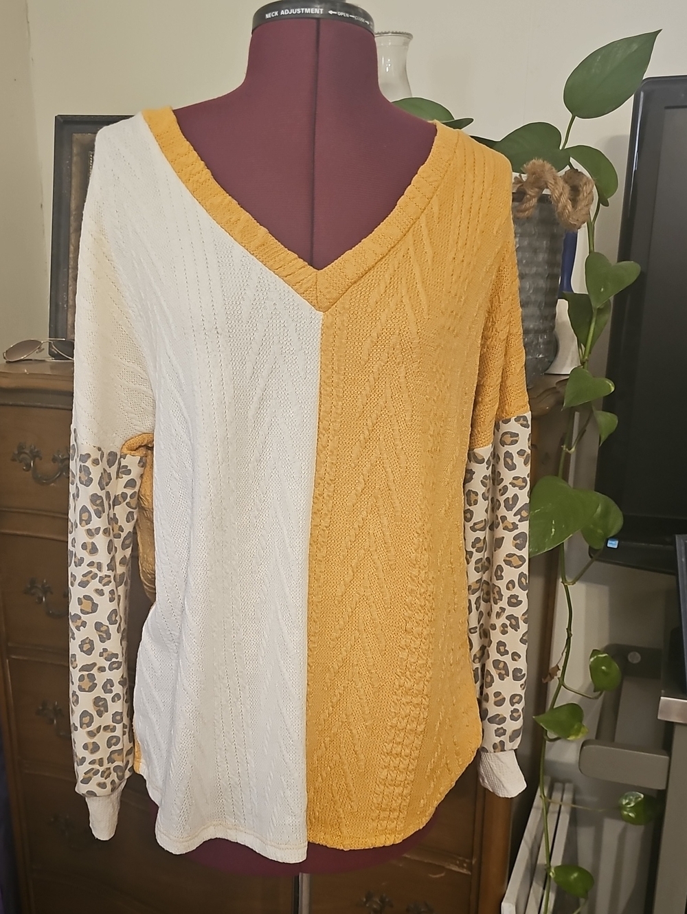 Lovely Melody Two-Tone Knit Top in Mustard & White/ Leopard Sleeves Oversized